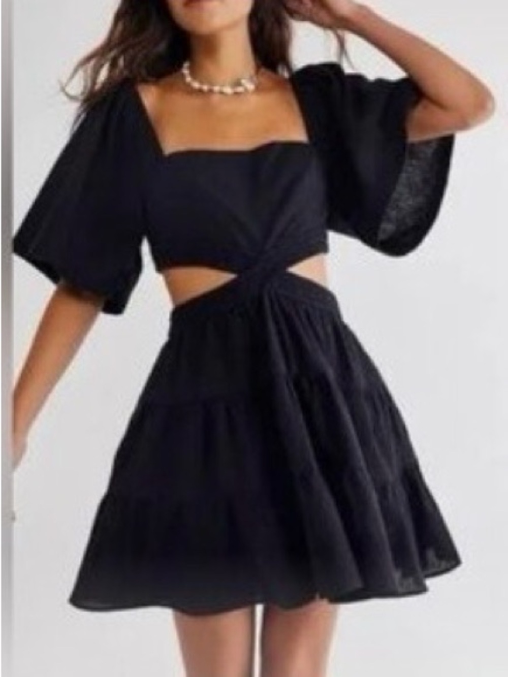 Free People Black Twist Cutout Puff-Sleeve Mini Dress
